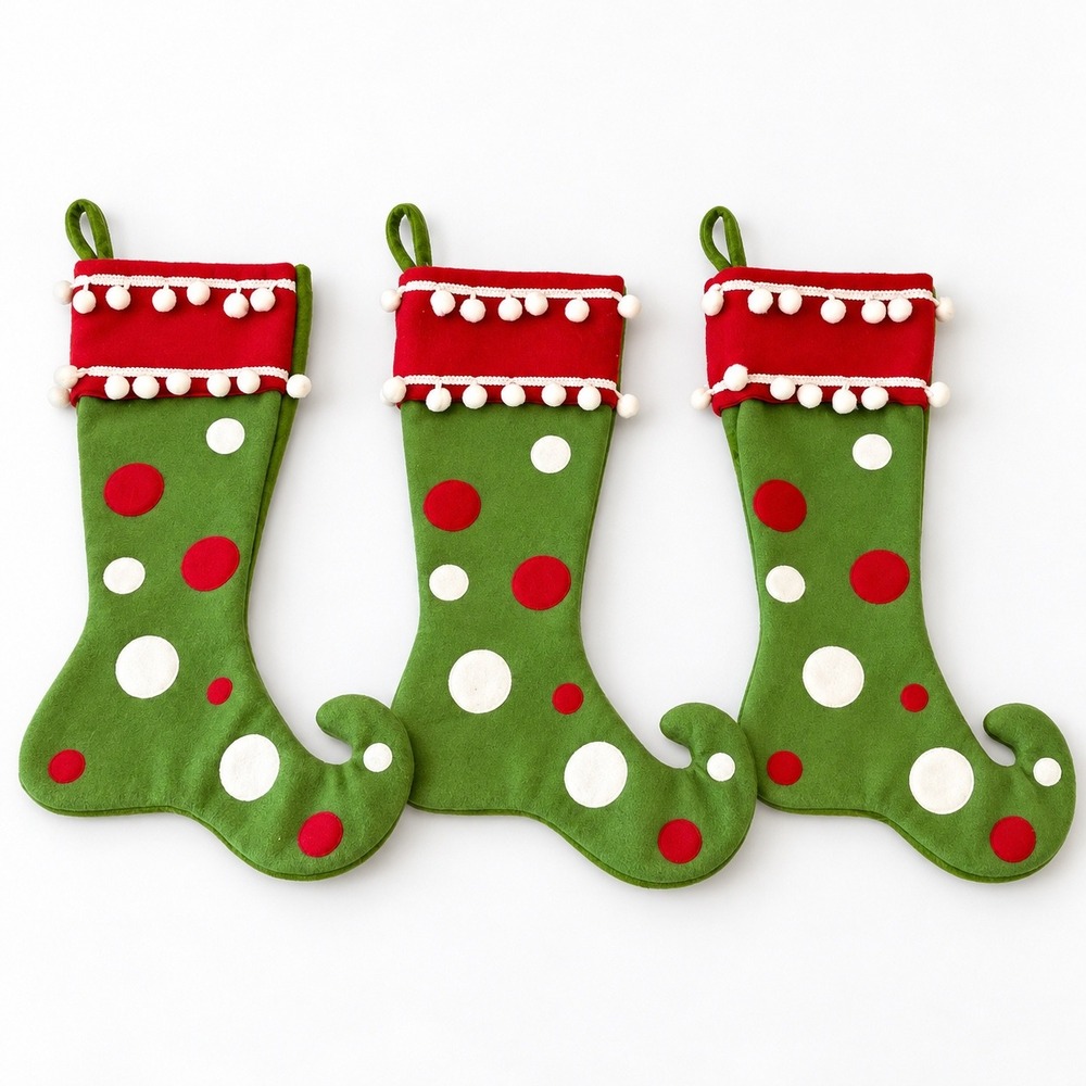 Set of 3 Green Elf Christmas Stockings Red White Polka Dot Pom Pom